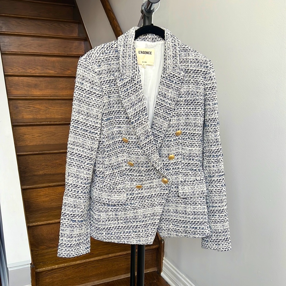 L’Agence Blue Tweed Blazer w Gold Accents